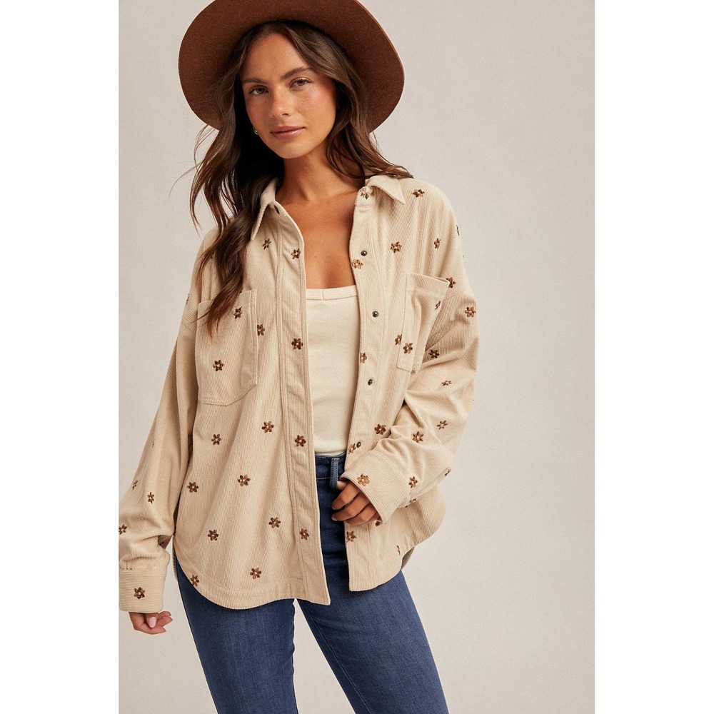 Hem & Thread Flower Embroidery Corduroy Shirt Shacket Beige Large NEW